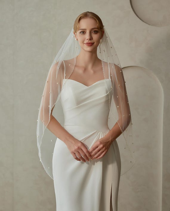 Beaded Edge Bridal Veil, Wedding Veil With Scattered Pearls  display picture 1