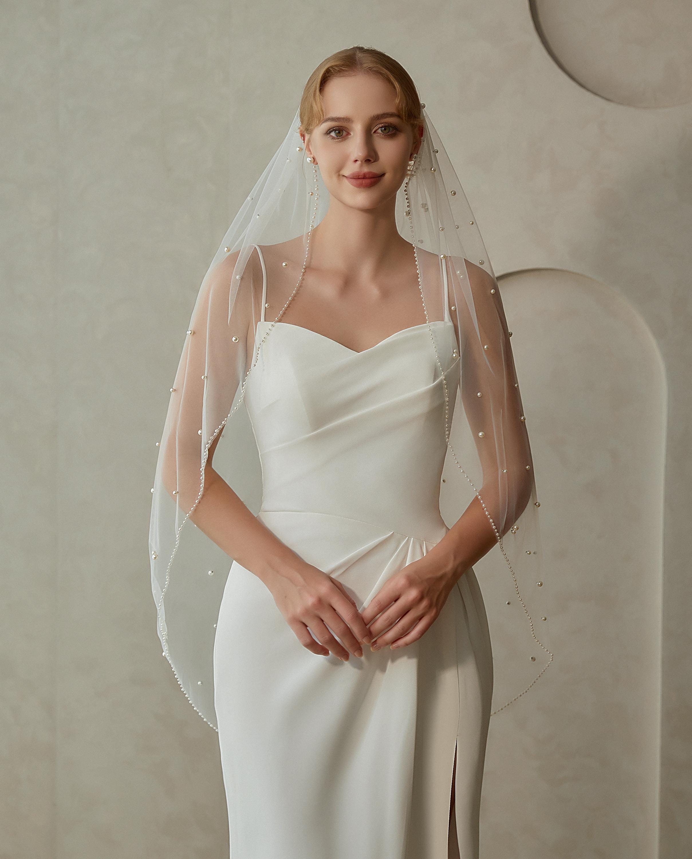 Beaded Edge Bridal Veil, Wedding Veil With Scattered Pearls 