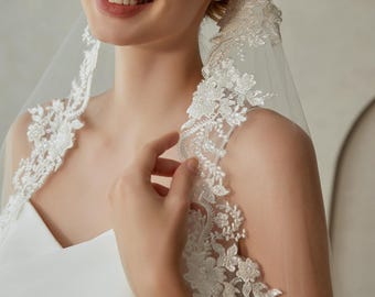 Lace Bridal Veil, 1 Tier Mantilla Wedding Veil, Rose Beaded Lace Veil, Fingertip Veil with Comb, Lace with Beads, Custom Vintage Chapel Veil