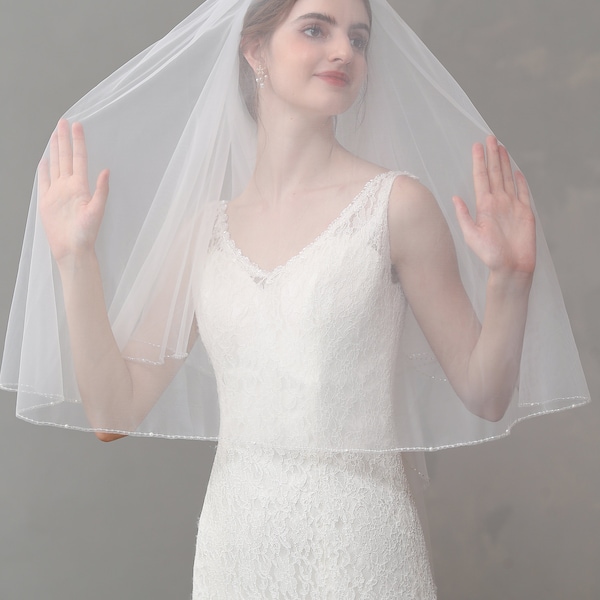 Beaded Edge Veil, Blusher Bridal Veil, Pearls Crystal Soft Tulle Veil, Face-Covered Veil, Ivory Wedding Veil