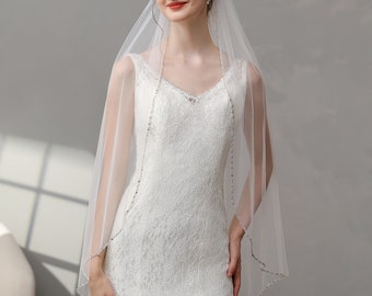 Beaded Bridal Veil, Pearls Edge Veil, Long Cathedral Veil, Crystal Sequins Edge Veil, Ivory Wedding Veil