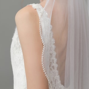 Pearls Edge Bridal Veil, Ivory Veil, Elegant Fingertip Veil, Scalloped Veil, Beaded Veil image 1