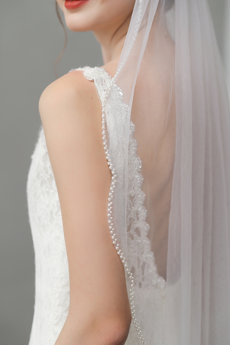 Pearls Edge Bridal Veil, Ivory Veil, Elegant Fingertip Veil, Scalloped Veil, Beaded Veil image 1