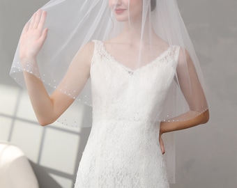 Rhinestones Edge Bridal Veil, Ivory Veil, Blusher Fingertip Veil, 2 Tiers Shimmer Sparkle Wedding Veil, Beaded Veil