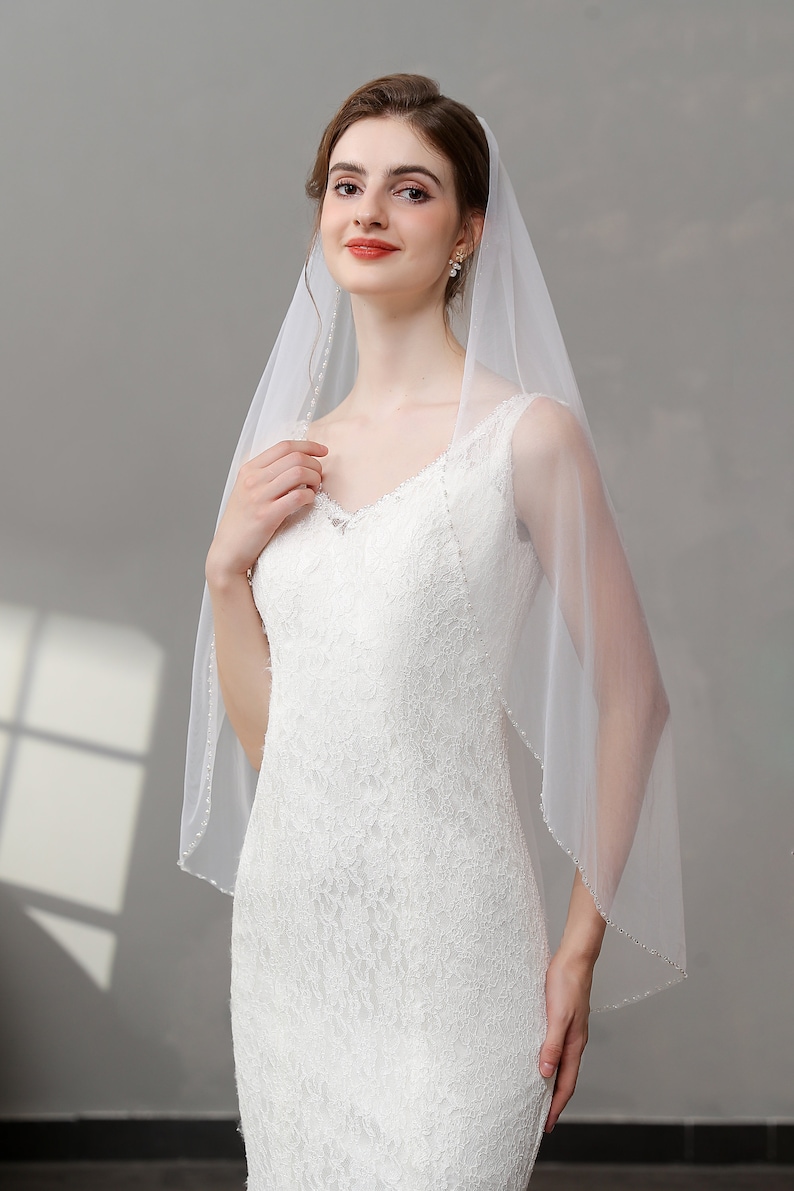 Beaded Edge Veil, Beaded Bridal Veil, Pearls Crystal Soft Tulle Veil, Beaded Floor Length Veil, Ivory Wedding Veil image 5