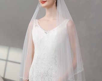 Beaded Edge Veil, Blusher Bridal Veil, Pearls Crystal Veil, Face-Covered Veil, Ivory Wedding Veil, Veil Elegant