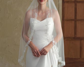 Handmade 1 Tier Veil, Beaded & Sequined Floral Lace Edge Wedding Veil, Fingertip Tulle Veil with Flowers and Leaves, Lace from shoulders