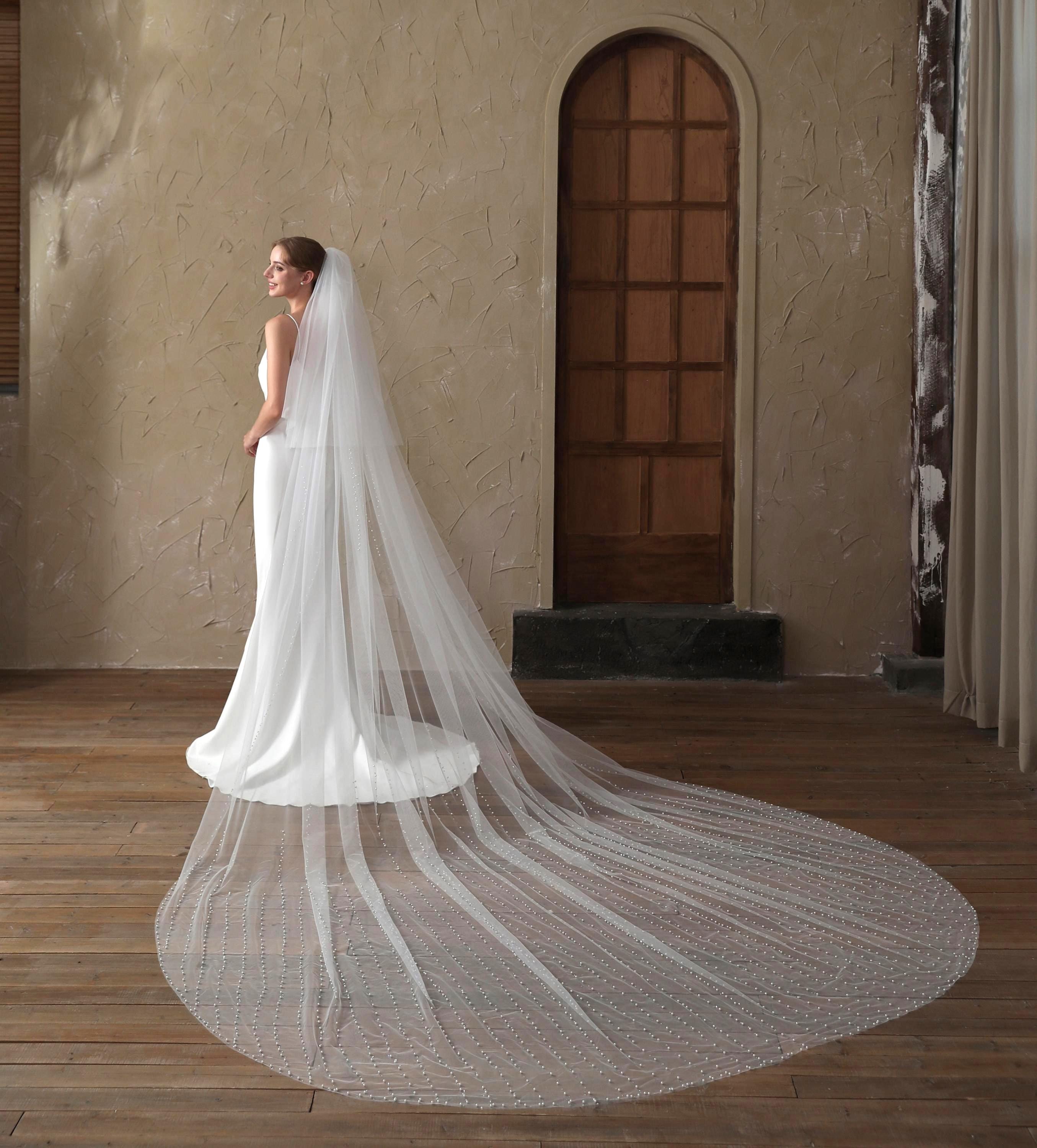 Pearls Bridal Veil With Blusher, Wedding Veil With Pearls 