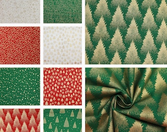 Star Quilting Gold Festive 100% Tree Foil Design Fabric Premium Christmas Cotton multicolored Cut and Sew Quilted T-Shirts, Cushion,Crafts