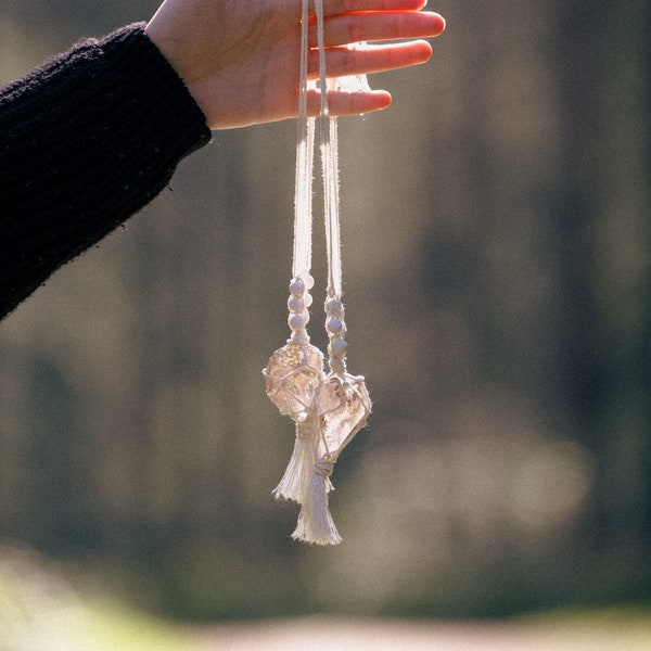 Crystal macrame car charm | Rearview mirror hanging | Wrapped crystal car accessory | Essential oil diffuser with lava beads