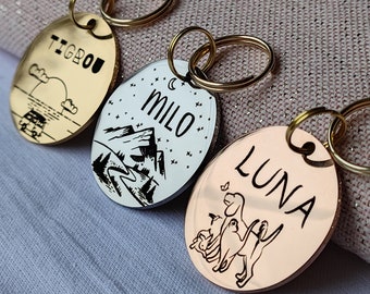 Personalized dog/cat medal with telephone number, address, drawing. Round identification label.