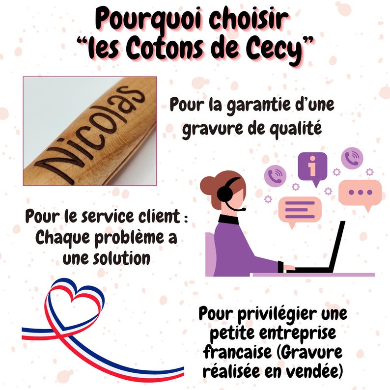 Pode incluir: An&uacute;ncio em franc&ecirc;s que promove 'les Cotons de Cecy'. A imagem inclui um objeto de madeira gravado com 'Nicolas', uma ilustra&ccedil;&atilde;o de servi&ccedil;o ao cliente e uma fita com as cores da bandeira francesa.