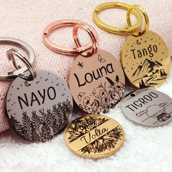 Médaille chien chat personnalisée – gravure laser inox ronde avec nom numéro adresse – étiquette collier animaux identification