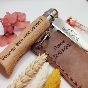 Couteau Opinel N.8 personnalisé avec étui en cuir - Gravure sur manche et sur lame - cadeau fête des pères, anniversaire - parrain - EVG