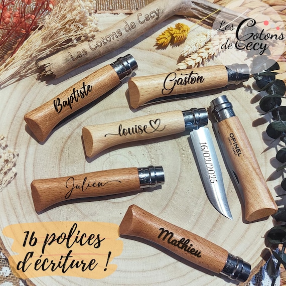Couteau Opinel 8 personnalisé - Lame en inox - cadeau de Noël pour homme, papa ou grand-père - Couteau personnalisable par gravure laser
