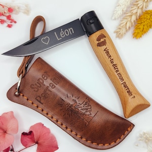 Coltello pieghevole personalizzato con fodero in pelle - Incisione su impugnatura e lama - Regalo per la festa del papà, regalo per uomo - Regalo per addio al celibato