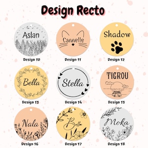 May include: A collection of round pet tags with various designs and names. The tags feature names like "Aslan," "Cannelle," "Shadow," "Bella," "Stella," "Tigrou," "Nala," and "Moka." Each tag has a unique design, including paw prints, floral elements, and cat faces.