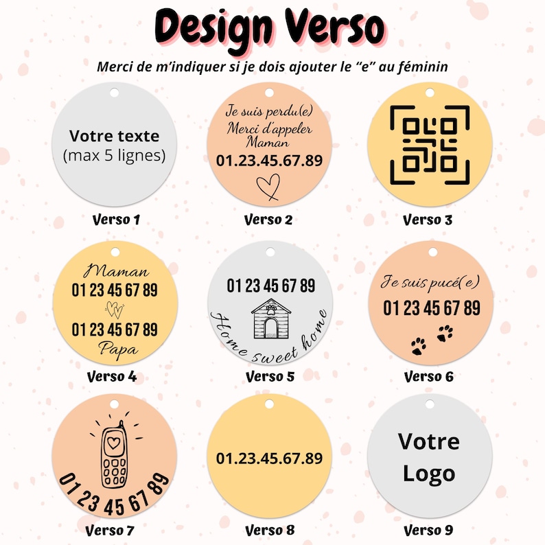 May include: A collection of nine pet tag designs. The tags are round and come in various colors, including gold, peach, and silver. Each tag features different text and graphics, such as phone numbers, QR codes, and the words "Home sweet home."