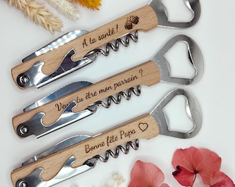 Apribottiglie in legno personalizzato, cavatappi personalizzato, apribottiglie personalizzabile, regalo per uomo, festa del papà, Natale, compleanno
