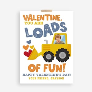 Construction Valentine Photo Card, Printable Classroom Valentine Cards for Kids, Personalized Valentine's Day Gift Tag, Loads of Fun