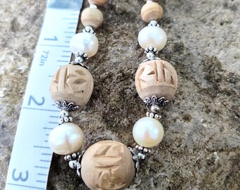 Chunky Tulasi Wood, Freshwater Pearl & Sterling Silver Necklace