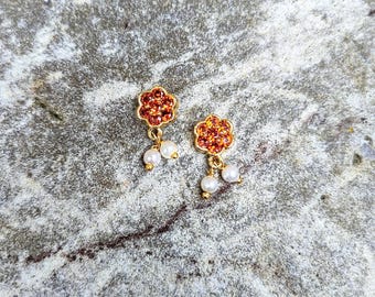 Rust Jewel Flower & Pearl Drop Earrings/Decor (flat back to stick on)