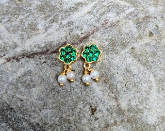 Green Jewel Flower & Pearl Drop Earrings/Decor (flat back to stick on)