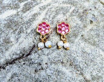 Fuschia Jewel Flower & Pearl Drop Earrings/Decor (flat back to stick on)
