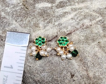 Green Jewel Flower & Pearl Drop Earrings/Decor (flat back to stick on)