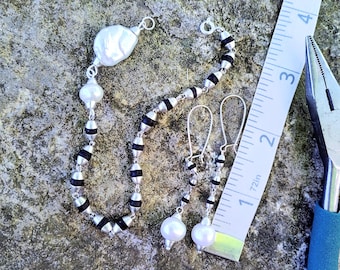 Tulasi Wood, Freshwater Pearl, Sterling Silver Bracelet & Earring Set