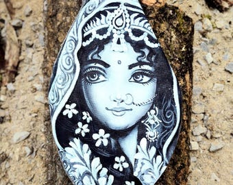 Hand Painted Radha Bead Bag, Textured Cotton Slub Fabric, Zipper Pocket