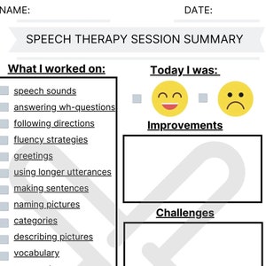 Könnte beinhalten: Ein weißes Protokollblatt für eine Sprachtherapiesitzung mit der Überschrift "SPEECH THERAPY SESSION SUMMARY". Das Blatt enthält Abschnitte für "Woran ich gearbeitet habe", "Heute war ich", "Verbesserungen", "Herausforderungen" und "Was zu Hause zu bearbeiten ist".