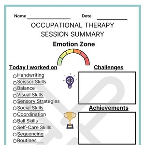Può includere: Foglio di riepilogo della sessione di terapia occupazionale con sezioni per sfide, risultati e un riepilogo. Include un indicatore della zona emotiva e caselle di controllo per competenze come la scrittura e l'equilibrio.