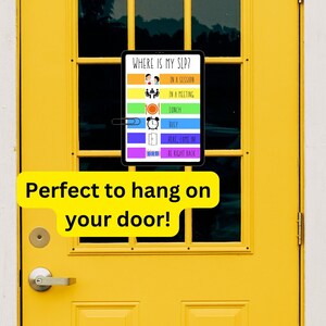 May include: A yellow door with a sign that says "Where is my SLP?" with different options for where the SLP is, such as "In a session", "In a meeting", "Lunch", "Busy", "Here, come in", and "Be right back". The sign is hanging on the door with a clip.