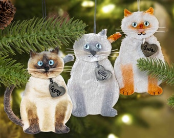 Custom Siamese or Colorpoint Cat Ornament, Custom Pet Name Christmas Gift, Faux Fur Christmas Ornament, Plush Cat Holiday Decoration