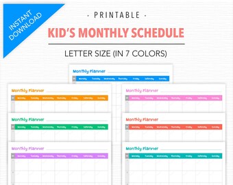 Planificador mensual imprimible para niños, agenda, calendario y tabla - Imprime en tamaño Carta de EE. UU., A4 o A5 - Educación en casa, niños, tareas del hogar
