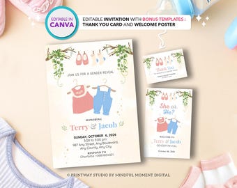 Plantilla editable para invitación de revelación de género: Paquete de Canva (descarga digital)