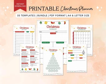 Paquete de planificador navideño: Listas de tareas para las fiestas, presupuesto para regalos (Paquete imprimible en PDF tamaño A4/Carta estadounidense)