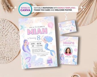 Plantilla editable de invitación de cumpleaños de sirena: Fiesta bajo el mar (Descarga digital)