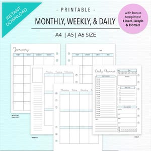 May include: A set of printable planner pages including monthly, weekly, and daily layouts in A4, A5, and A6 sizes. The pages feature black text on white backgrounds with grid lines, hourly schedules, to-do lists, and water intake trackers.