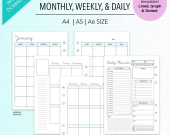 Plantillas para agendas A4, A5 y A6: Mensuales, Semanales y Diarias (Descarga digital)
