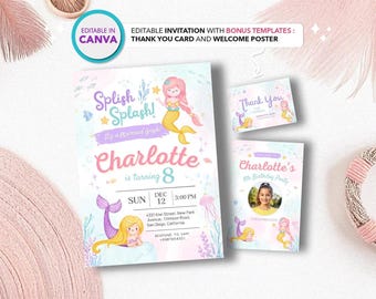 Plantilla editable de invitación de cumpleaños de sirena: Fiesta bajo el mar (Descarga digital)