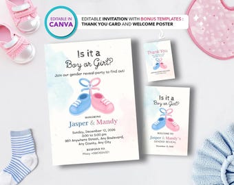 Paquete de invitaciones editables para revelar el sexo del bebé: Plantilla de Canva (Descarga digital)
