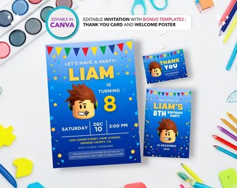 Plantilla de invitación de cumpleaños de Roblox: Conjunto editable para fiestas de juegos (Descarga digital de Canva)
