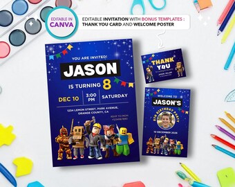 Plantilla de invitación de cumpleaños de Roblox: Conjunto editable para fiestas de juegos (Descarga digital de Canva)