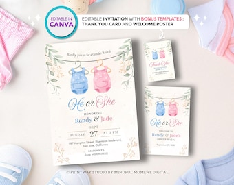 Invitación editable para revelar el género: Plantilla de Canva (descarga digital)