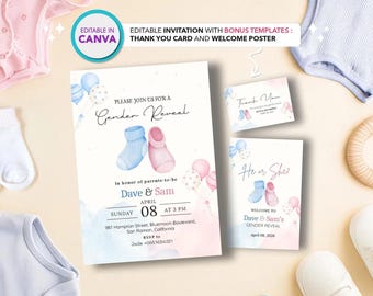 Plantilla editable de invitación para revelar el sexo del bebé: Paquete Canva (Descarga digital)