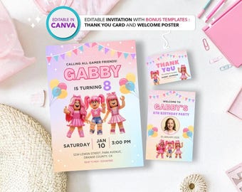 Plantilla editable de invitación de cumpleaños de Roblox: Set para fiestas temáticas de videojuegos (Descarga digital en Canva)