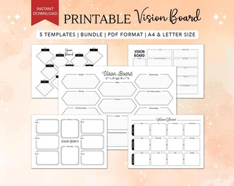 Plantilla imprimible para tablero de visión para Bullet Journal o agenda. Imprime en papel tamaño Carta (EE. UU.), A4 o A5. Descarga instantánea.