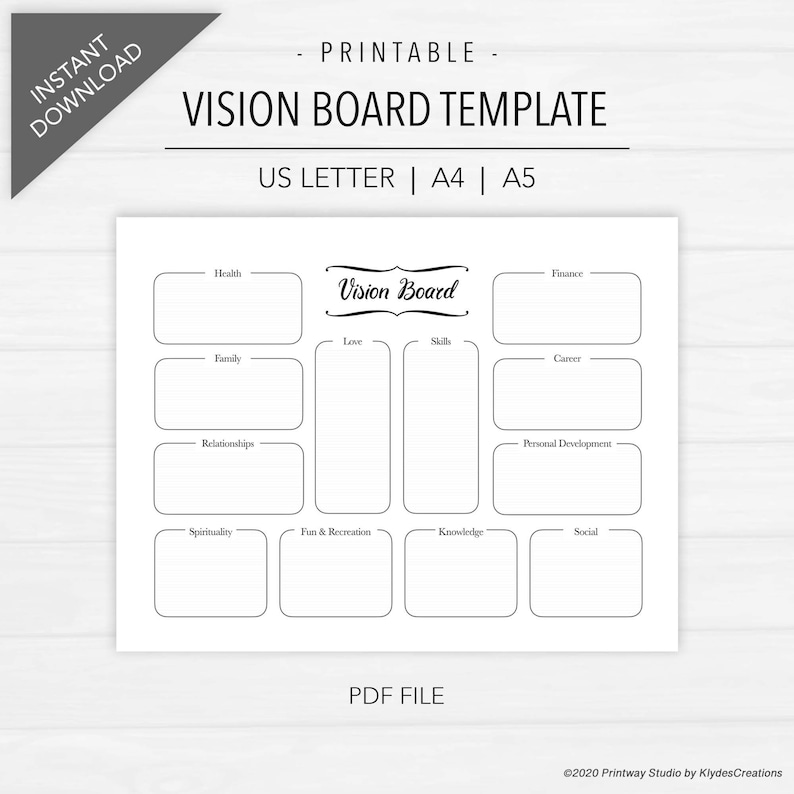 Vision Board Template printable for Bullet Journal or Planner Print on ...